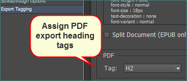 Assign PDF export heading tags from the PDF Tag dropdown.
